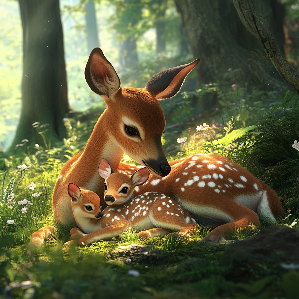 Mother deer and fawn in lush forest scene