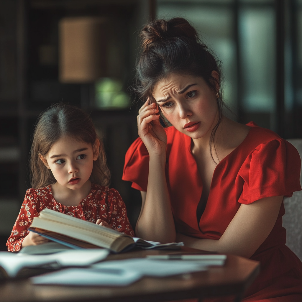 Mother in red dress helping frustrated child with homework 