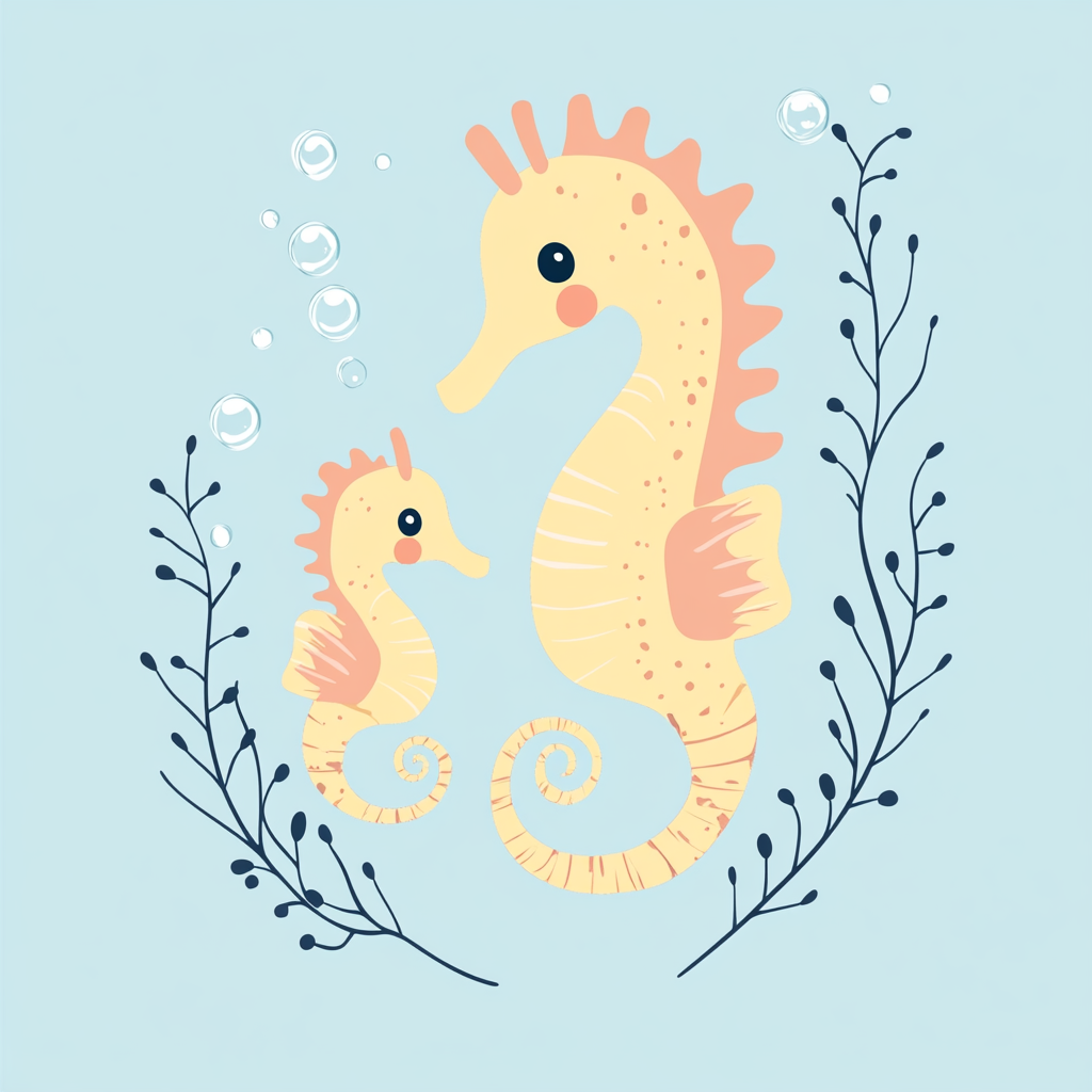 Mother seahorse and baby seahorse with seaweed, bubbles.