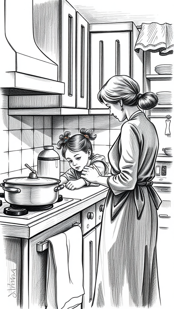 Mother teaches daughter to cook near stove in art.