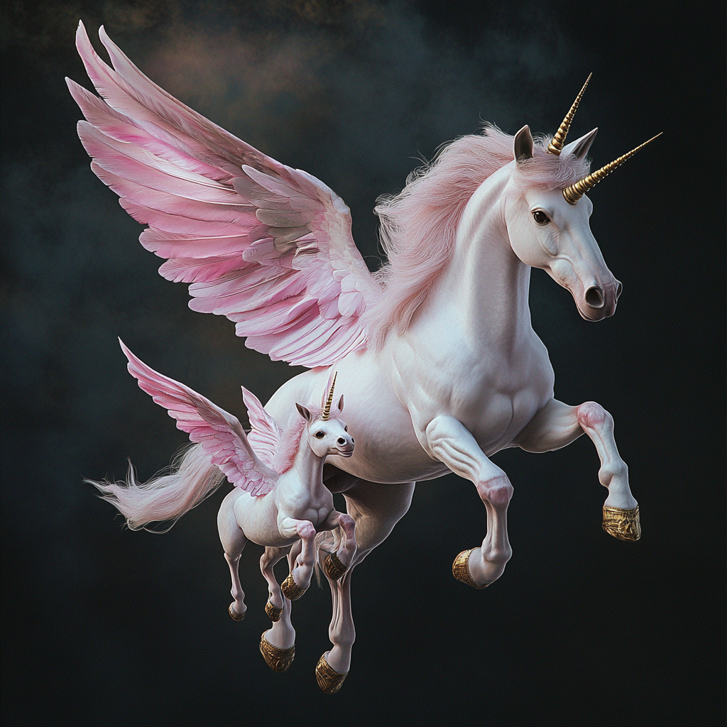 Mother unicorn and baby unicorn flying together realistically.