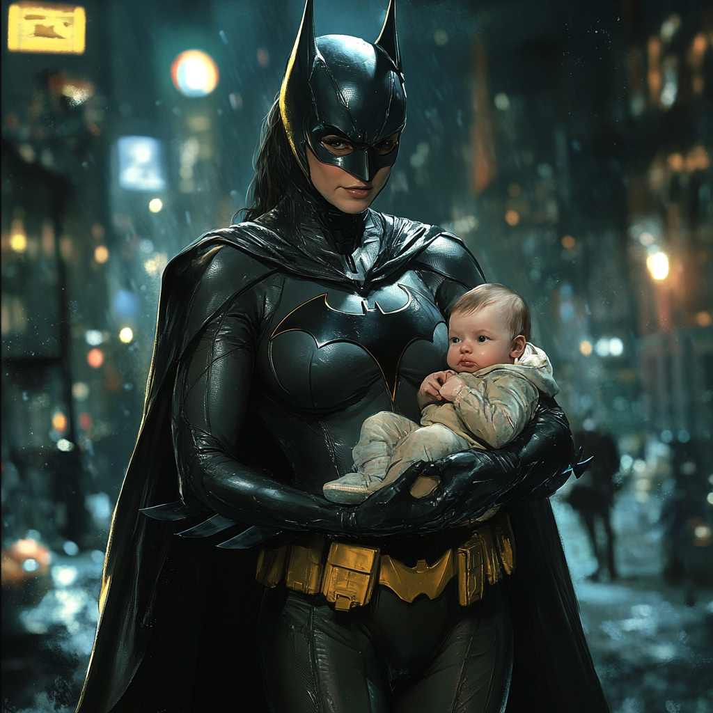 Mother version of Batman, holding baby on rooftop.