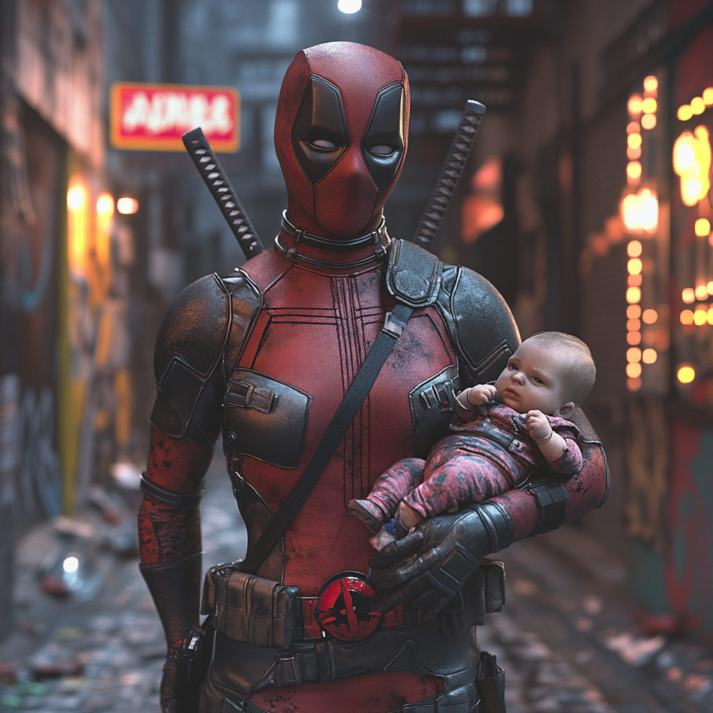 Motherly Deadpool, baby in arm, katana in hand.