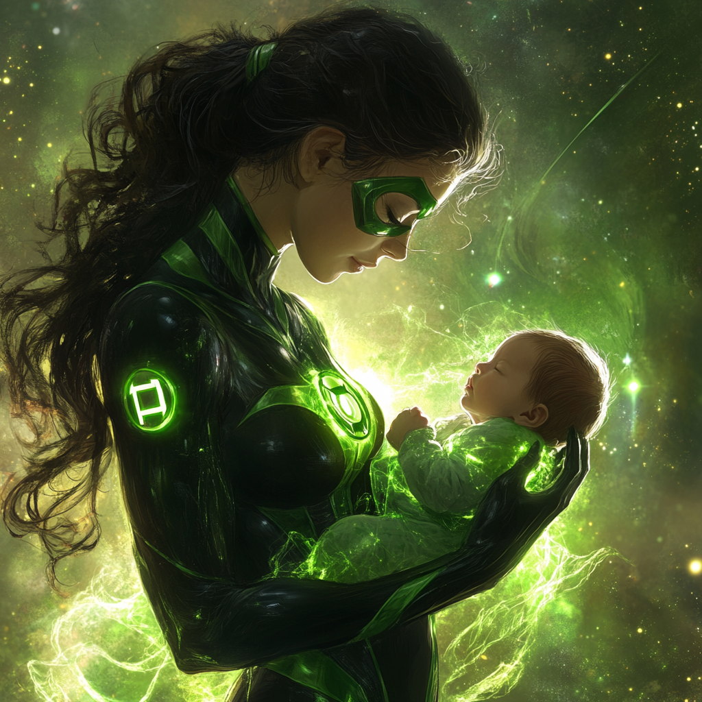 Motherly Green Lantern with baby in space.