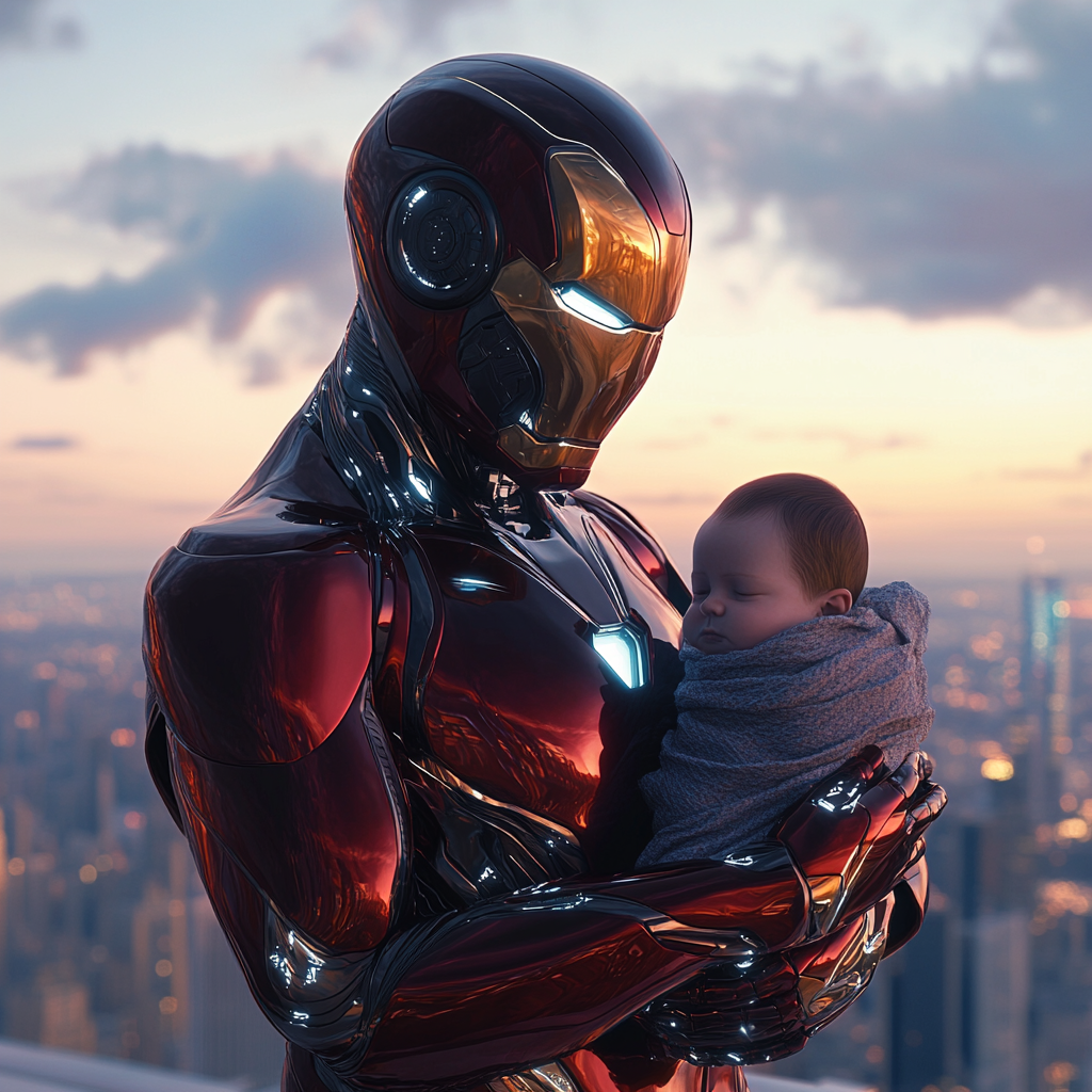 Motherly Iron Woman cradles baby on futuristic rooftop.