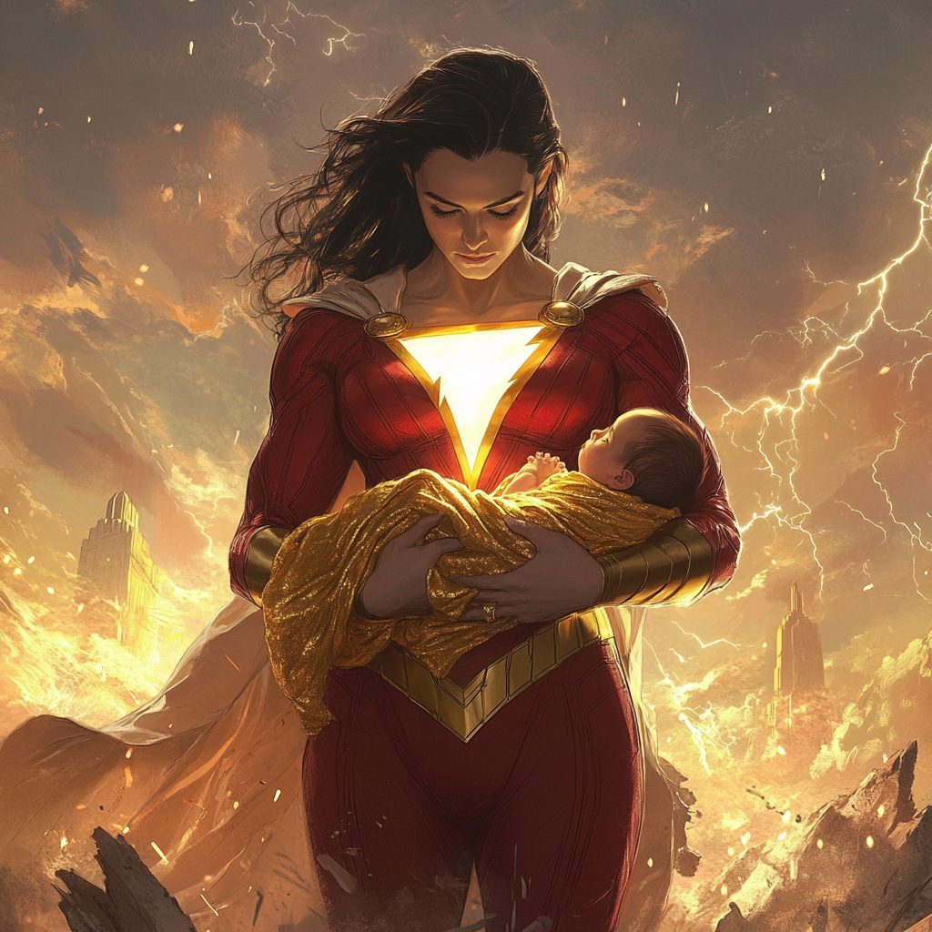 Motherly Shazam holding baby in glowing, magical hands.