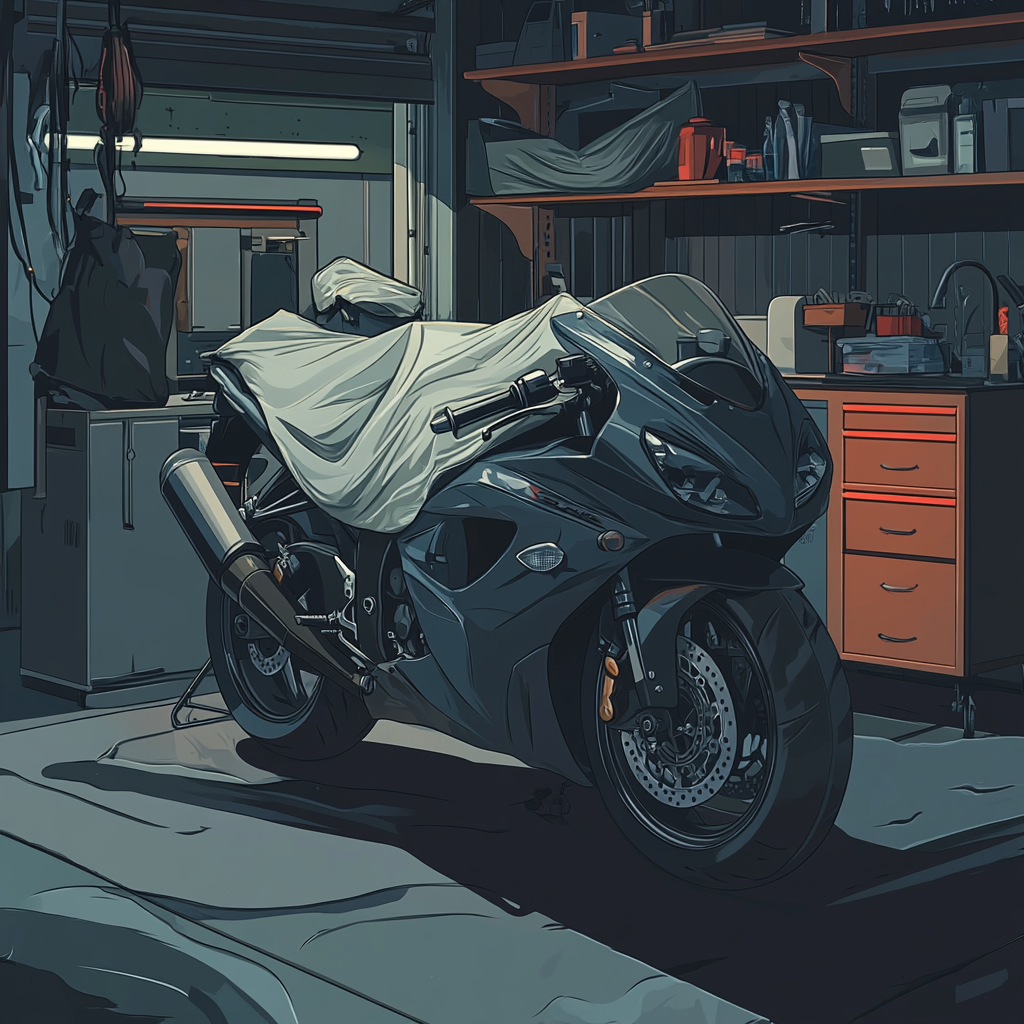 Motorcycle covered with moisture-absorbing material stored in garage.