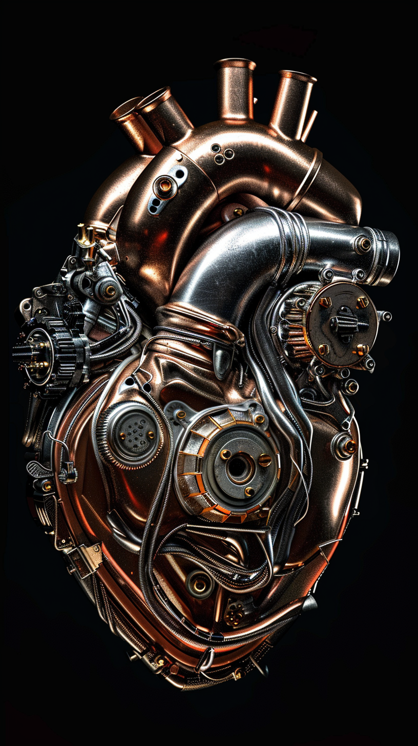 Motorcycle engine parts heart, detailed and realistic style.