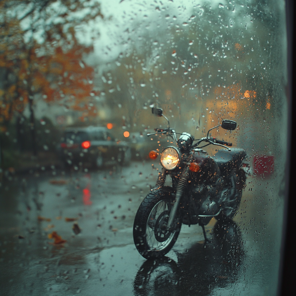 Motorcycle outside covered with dew in late autumn dew.