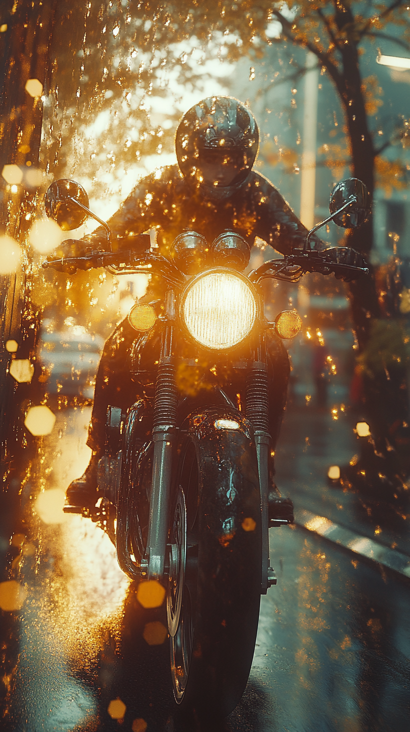 Motorcycle outside in autumn, hazy glass, bright sun.