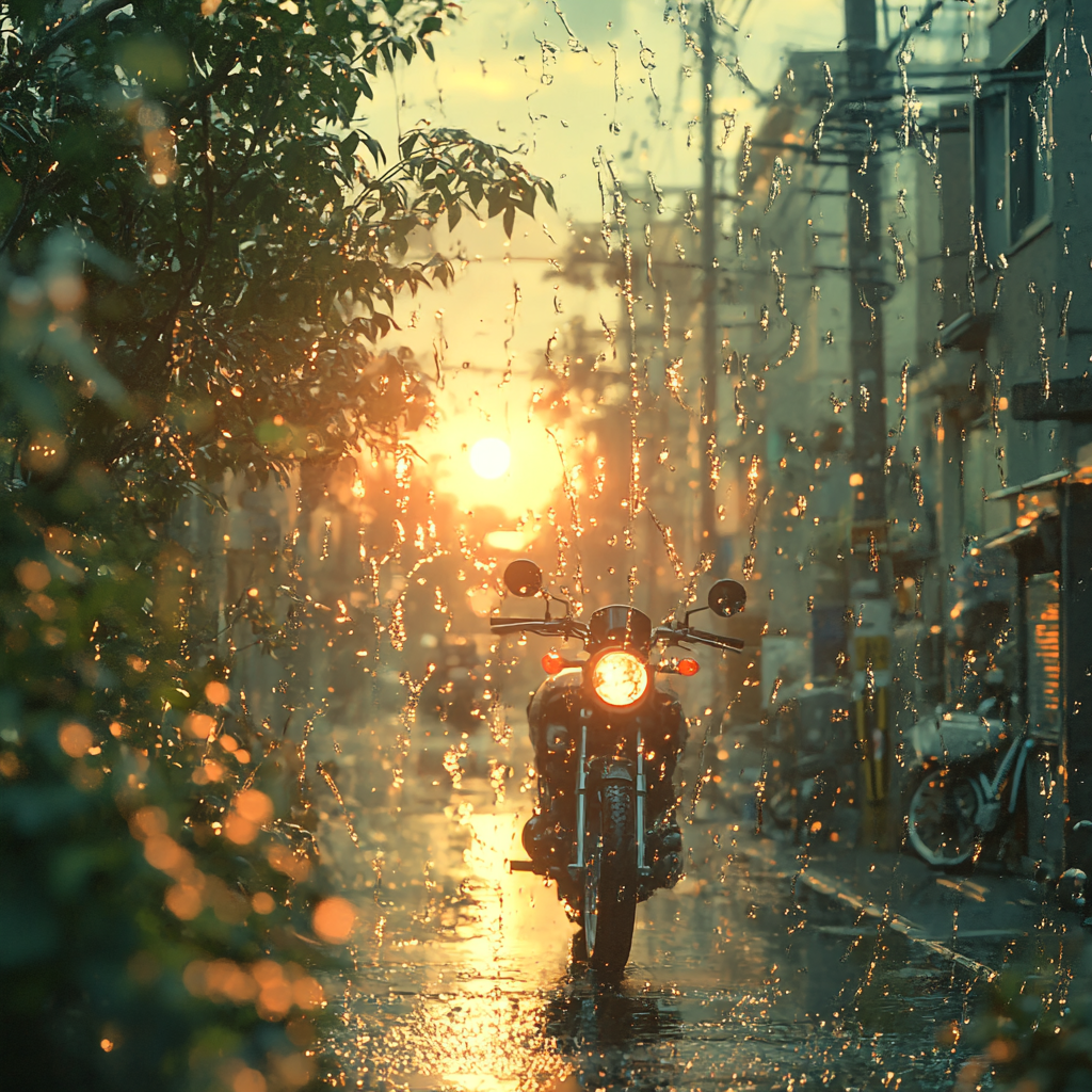 Motorcycle outside window with dew, bright sun, Makoto Shinkai.