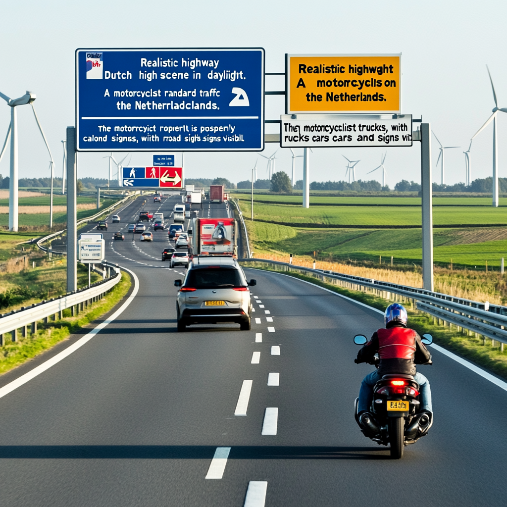 Motorcyclist following Dutch traffic rules on sunny highway scene.