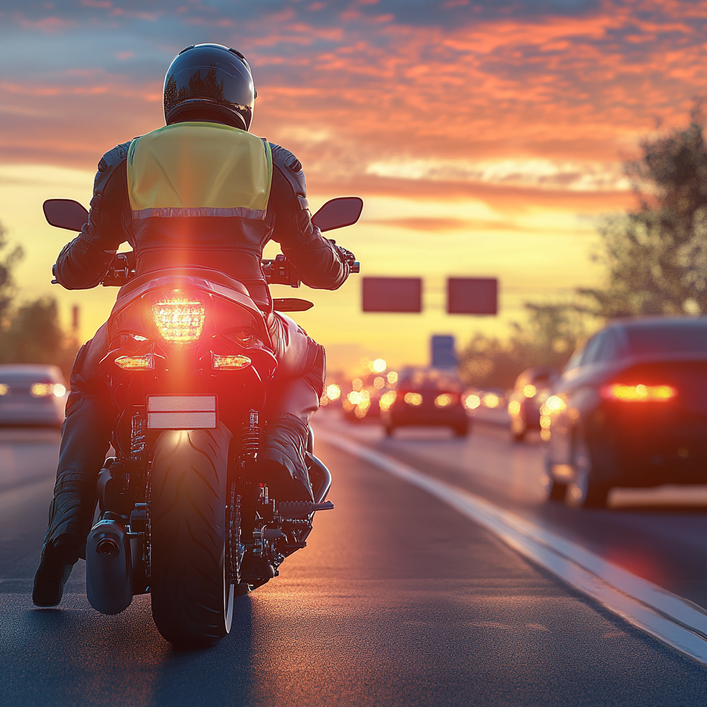 Motorcyclist in gear pushing broken bike on busy road.