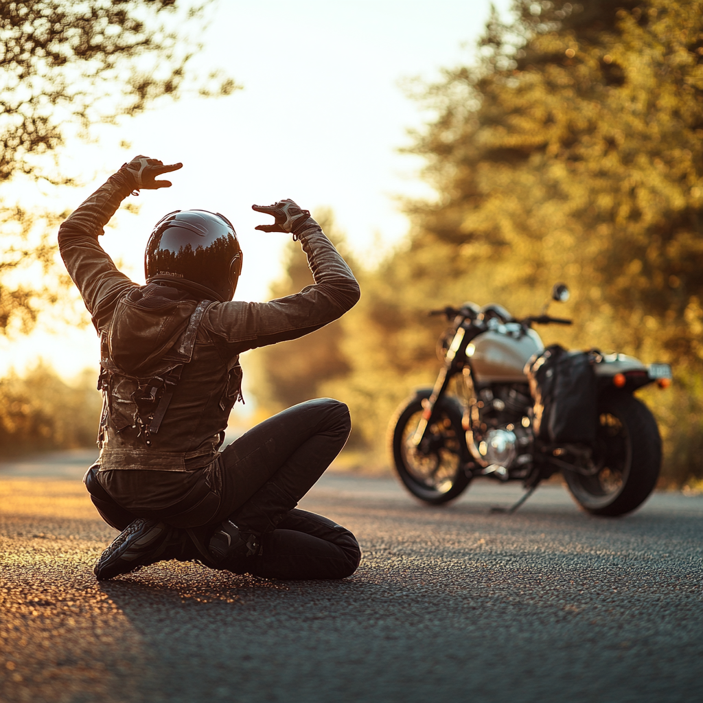 Motorcyclist in gear stretching near parked motorcycle at dawn.