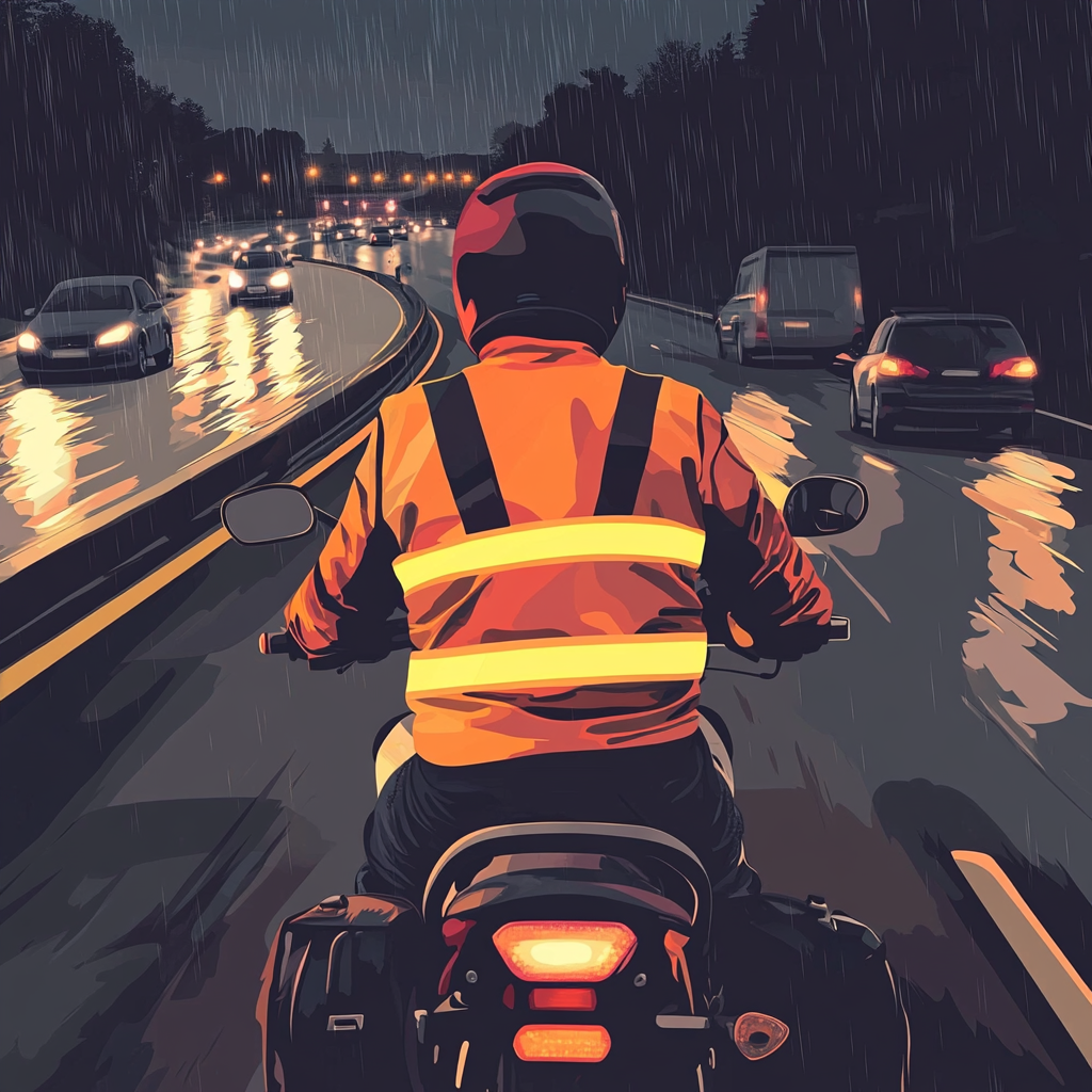 Motorcyclist in neon gear rides on wet road at dusk.