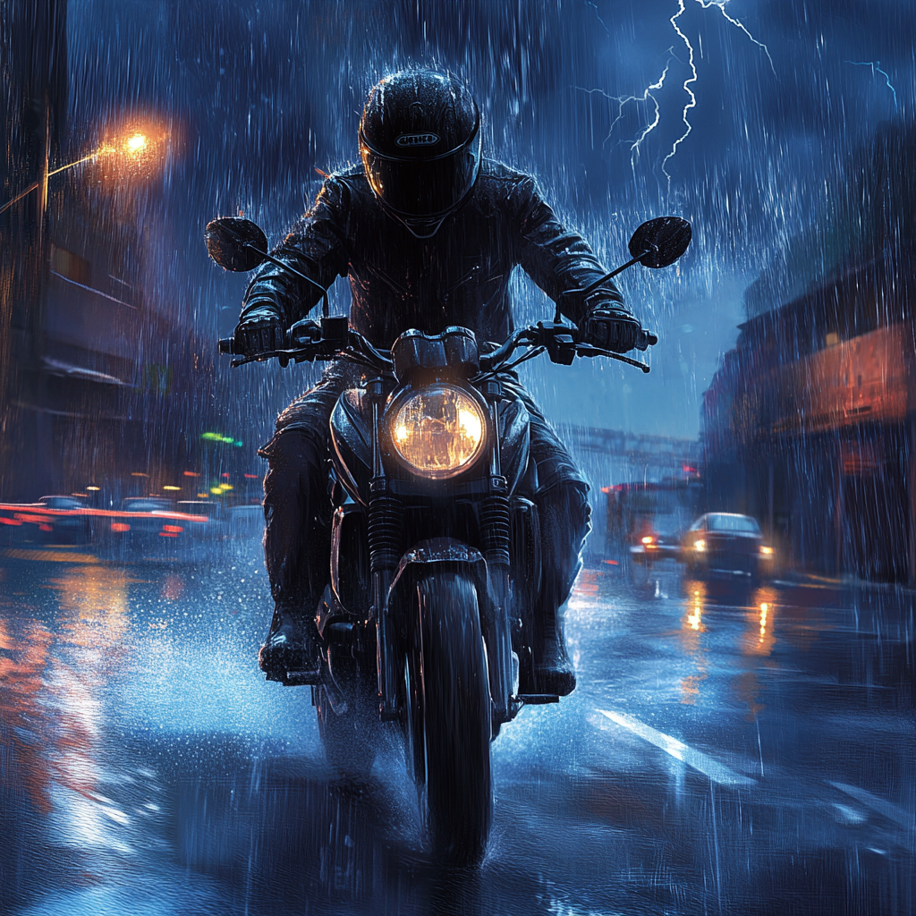 Motorcyclist in rain gear shelters in covered parking. Lightning.