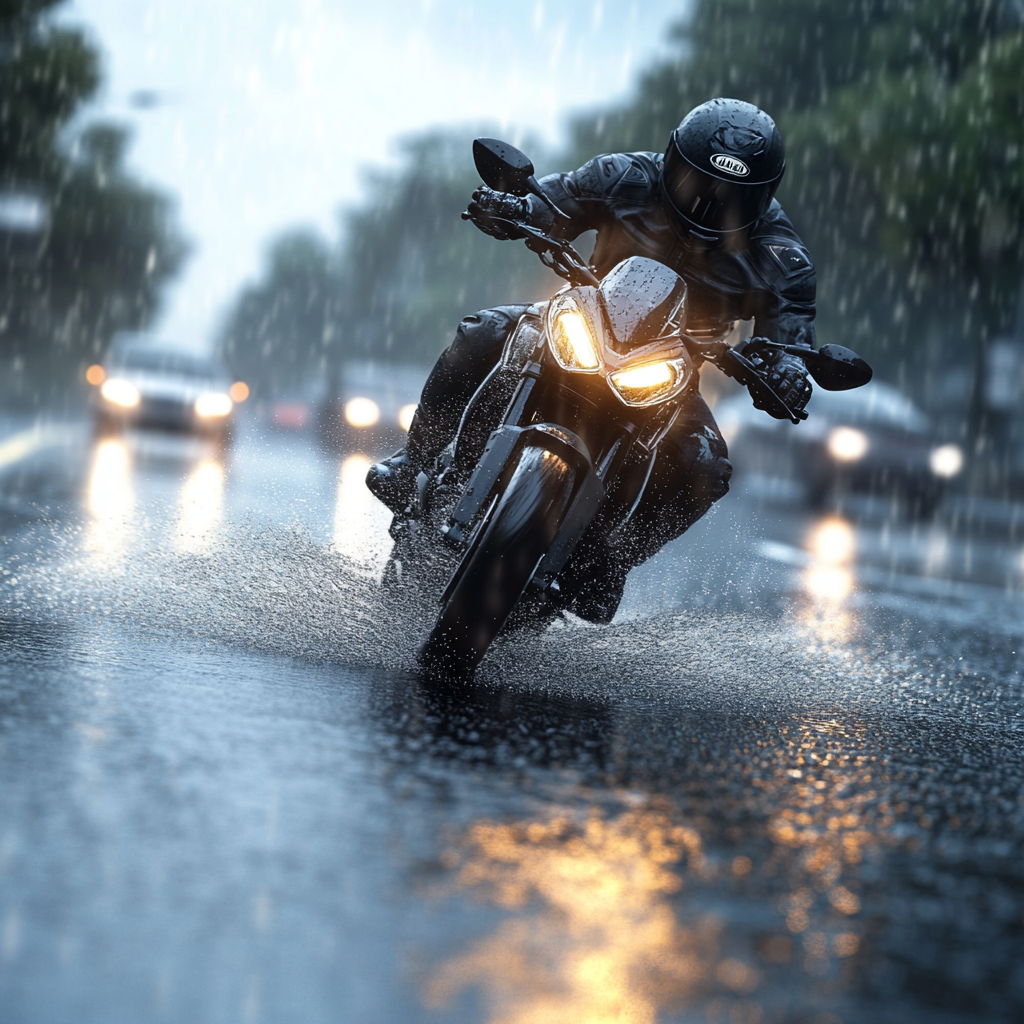 Motorcyclist in rain slowing down to avoid skidding.