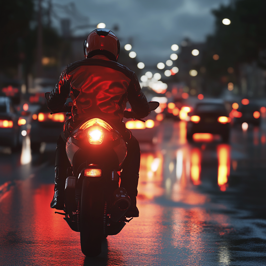 Motorcyclist in reflective gear on rainy urban street at dusk.