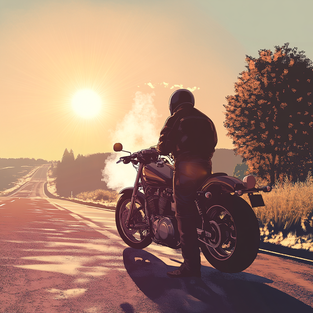 Motorcyclist inspecting engine with visible steam, sunny roadside setting.