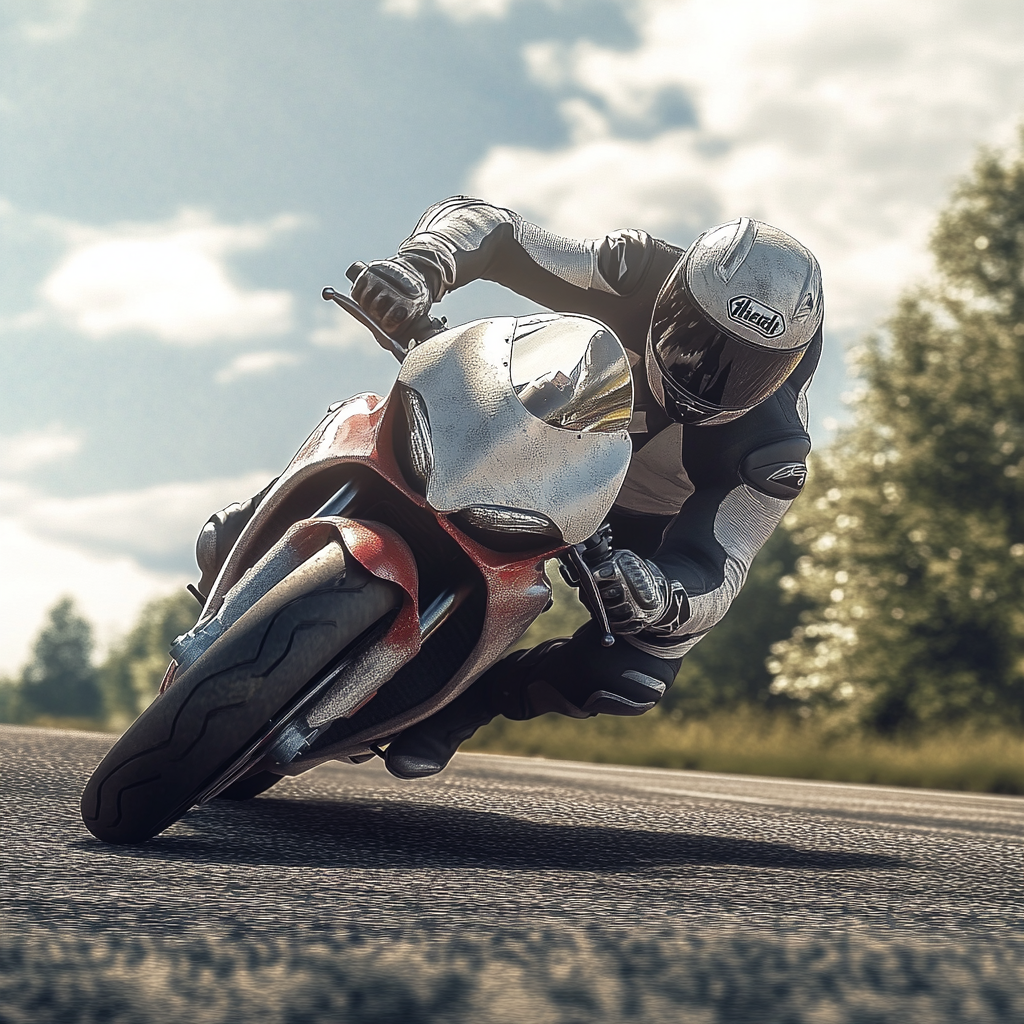 Motorcyclist leaning into crosswind on highway, trees bend, sky cloudy.