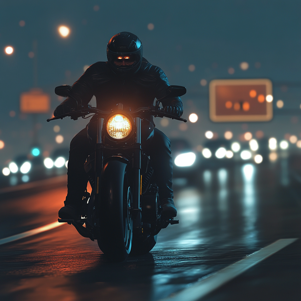 Motorcyclist on highway at night, drowsy and fatigued.