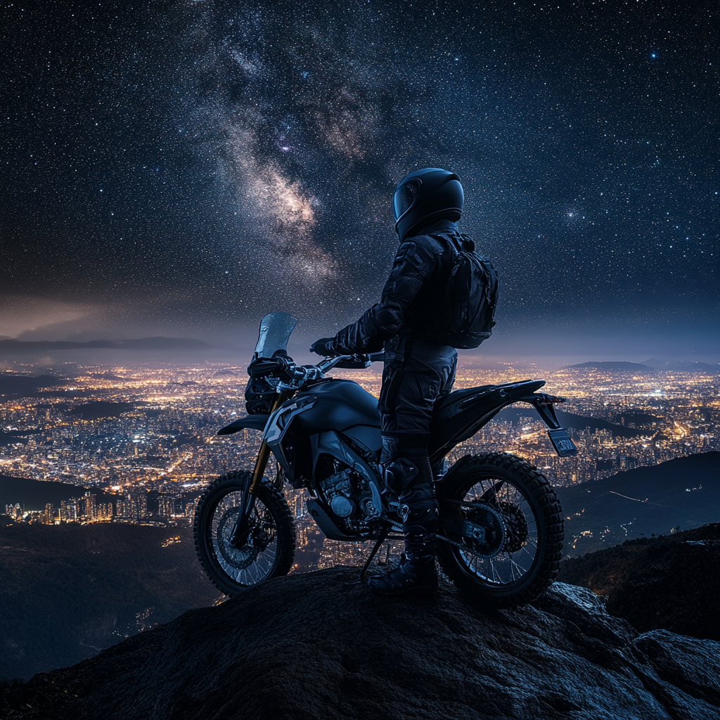 Motorcyclist on mountain peak looking at city at night