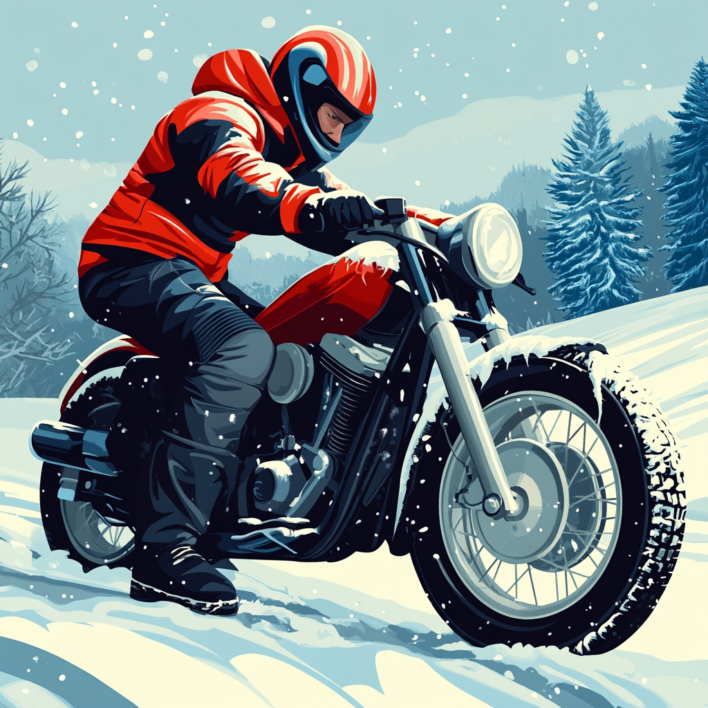 Motorcyclist prepping bike with winter tires and antifreeze.