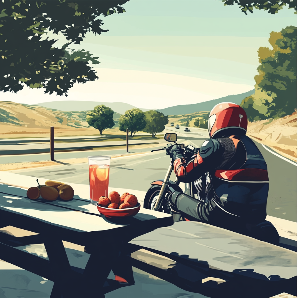 Motorcyclist resting at rest stop, eating fruits and drinking water.