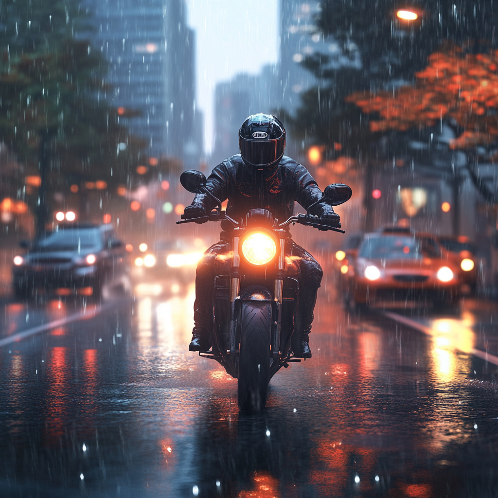 Motorcyclist rides cautiously in rain and fog on city road.