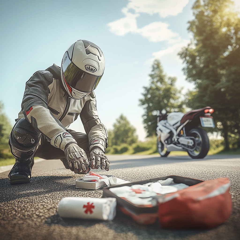 Motorcyclist with first aid kit on European roadside.