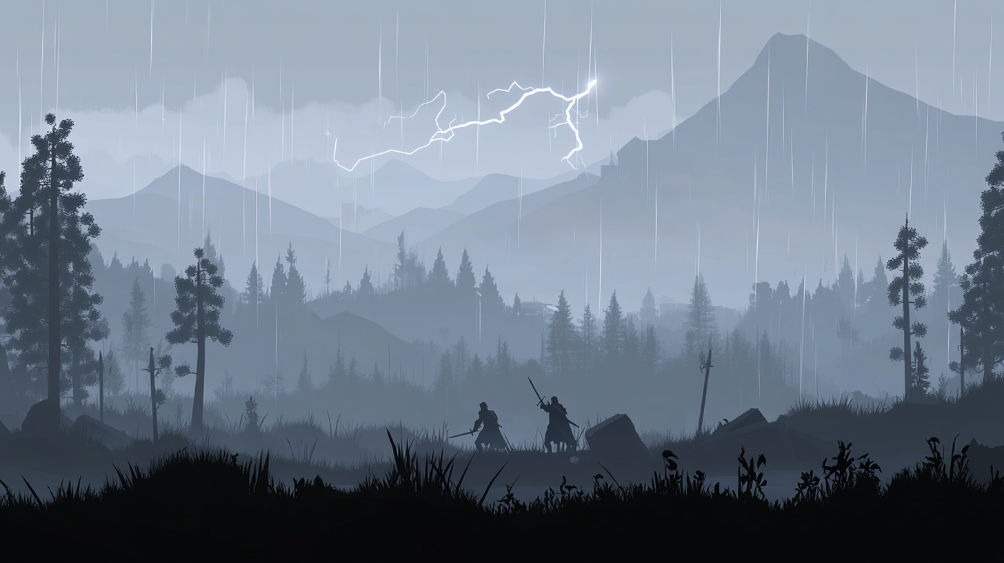 Mountain landscape with silhouettes fighting in heavy rain.