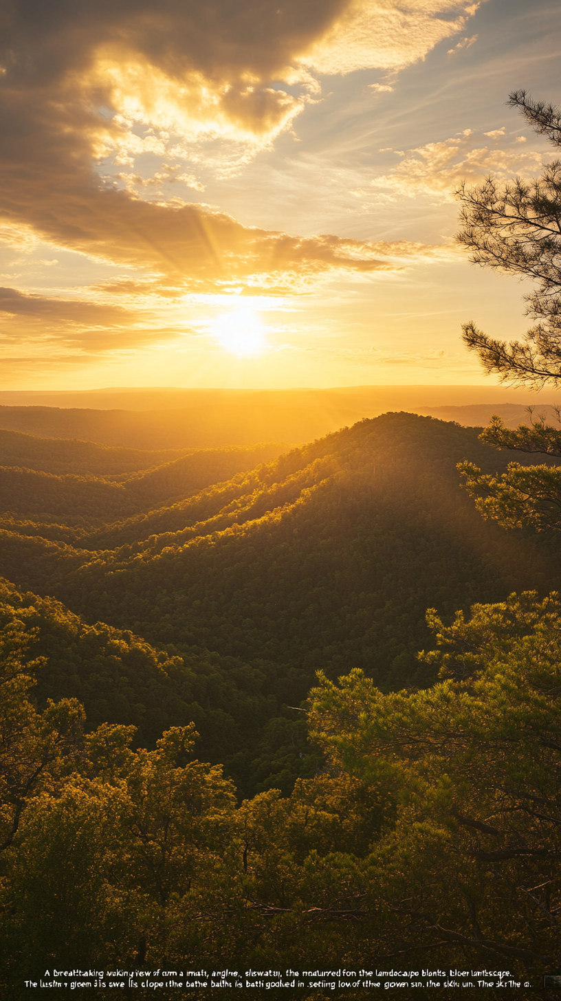 Mountain peak view with lush green forests, sunset glow.