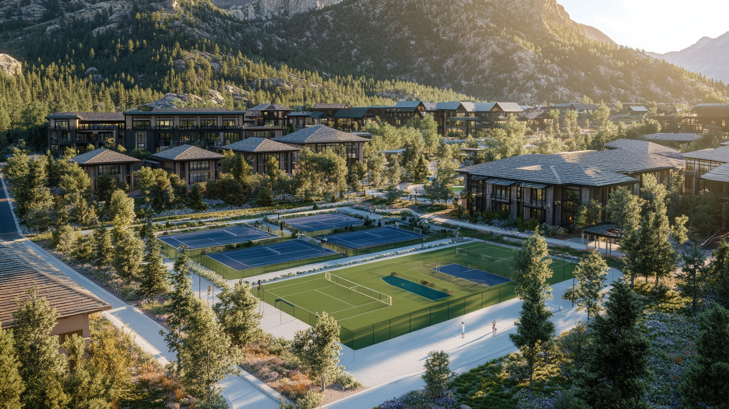 Mountain resort with courts, field, play area in forest