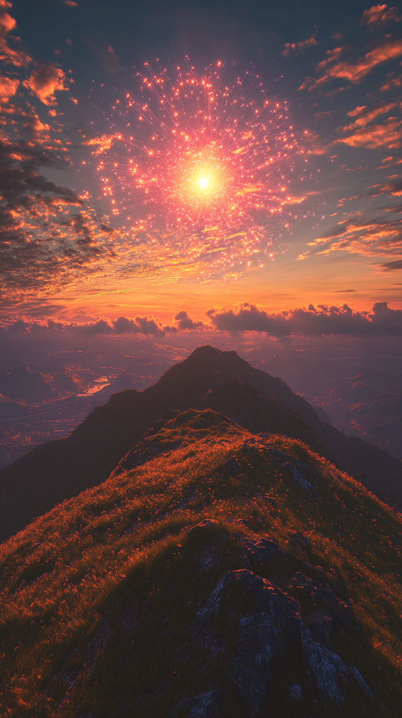 Mountain summit with grassy plateau, beautiful sunset sky.