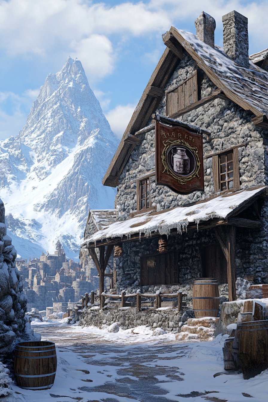 Mountain tavern trade post with snowy backdrop, hanging ale sign.