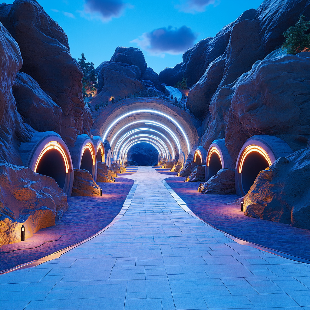 Mountain with tunnels in semi circle, different colored lights.