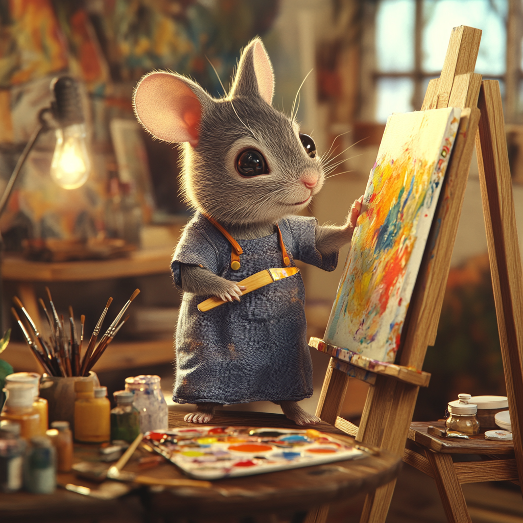 Mouse artist painting vibrant colors on canvas, in studio.