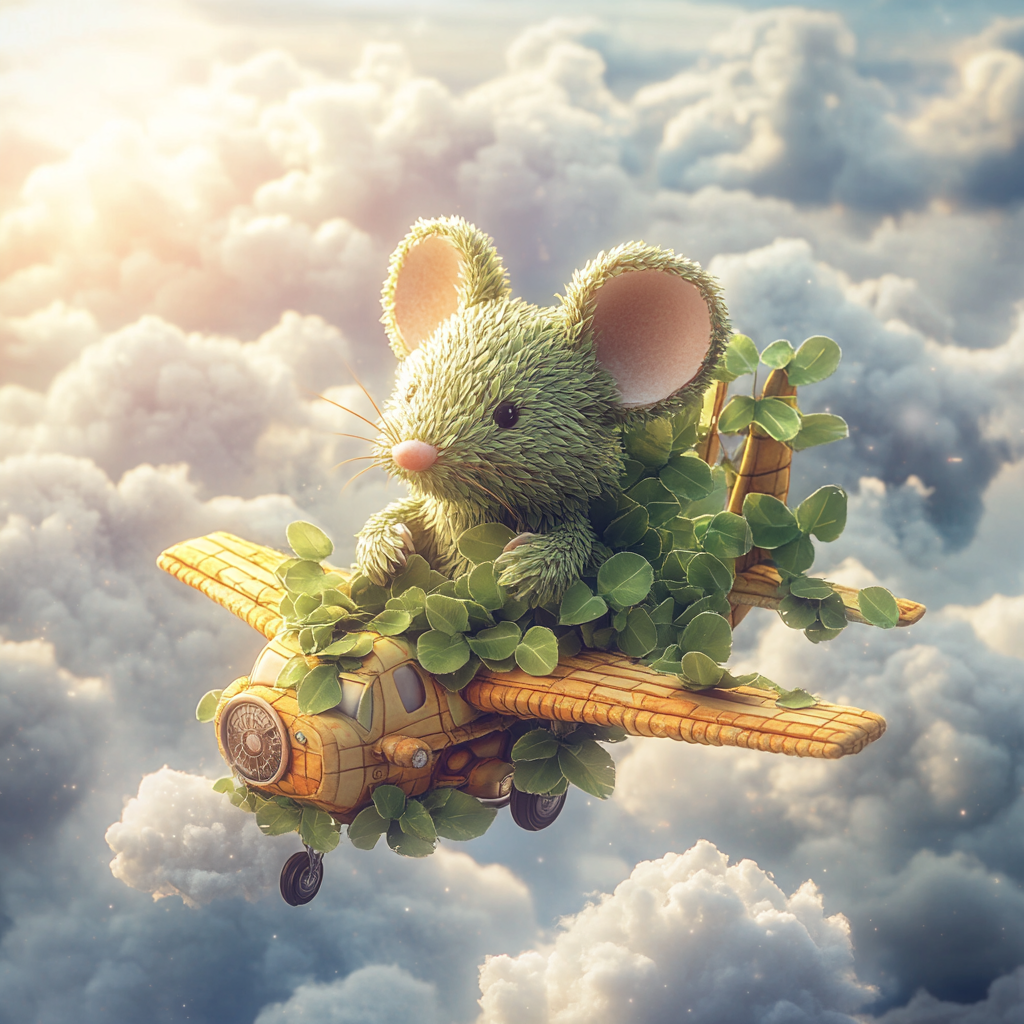 Mouse made of leaves on airplane in clouds.