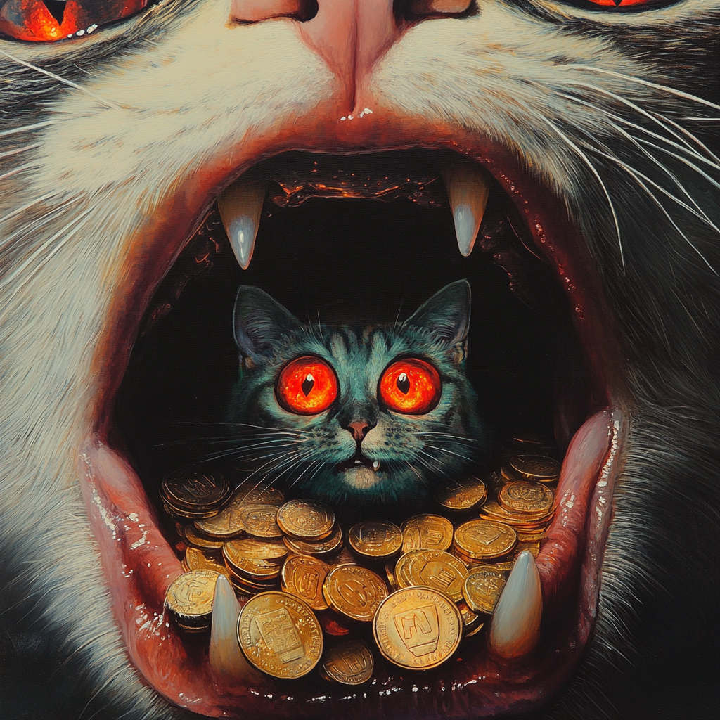 Mouth with acid tab showing cat with coins.