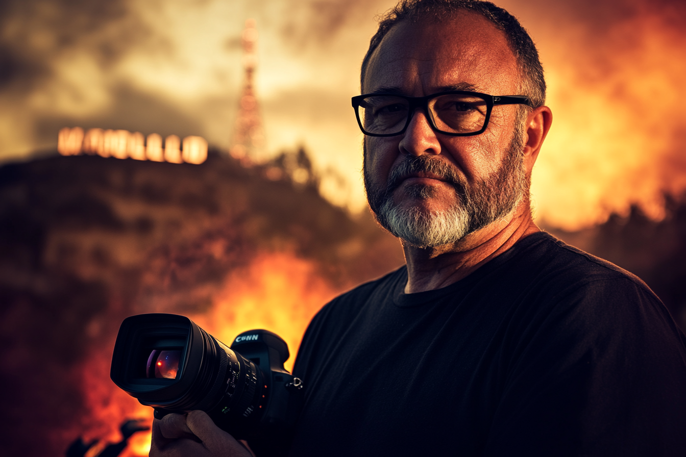 Movie director with camera on set, Hollywood sunset background.