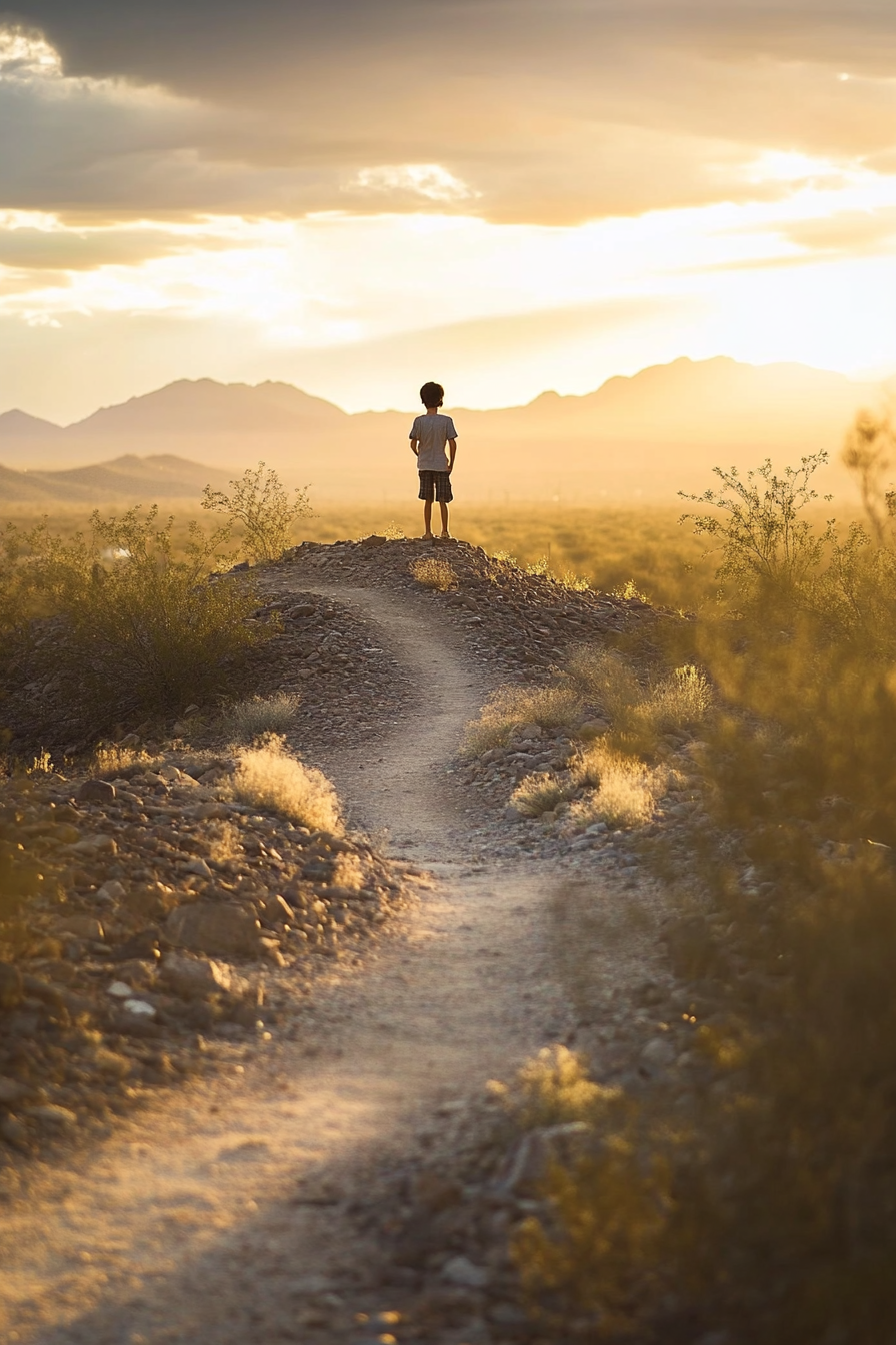 Movie style photo of a boy in desert.