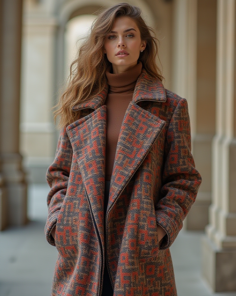 Multicolored, stylish coat for women in 2050 fashion.