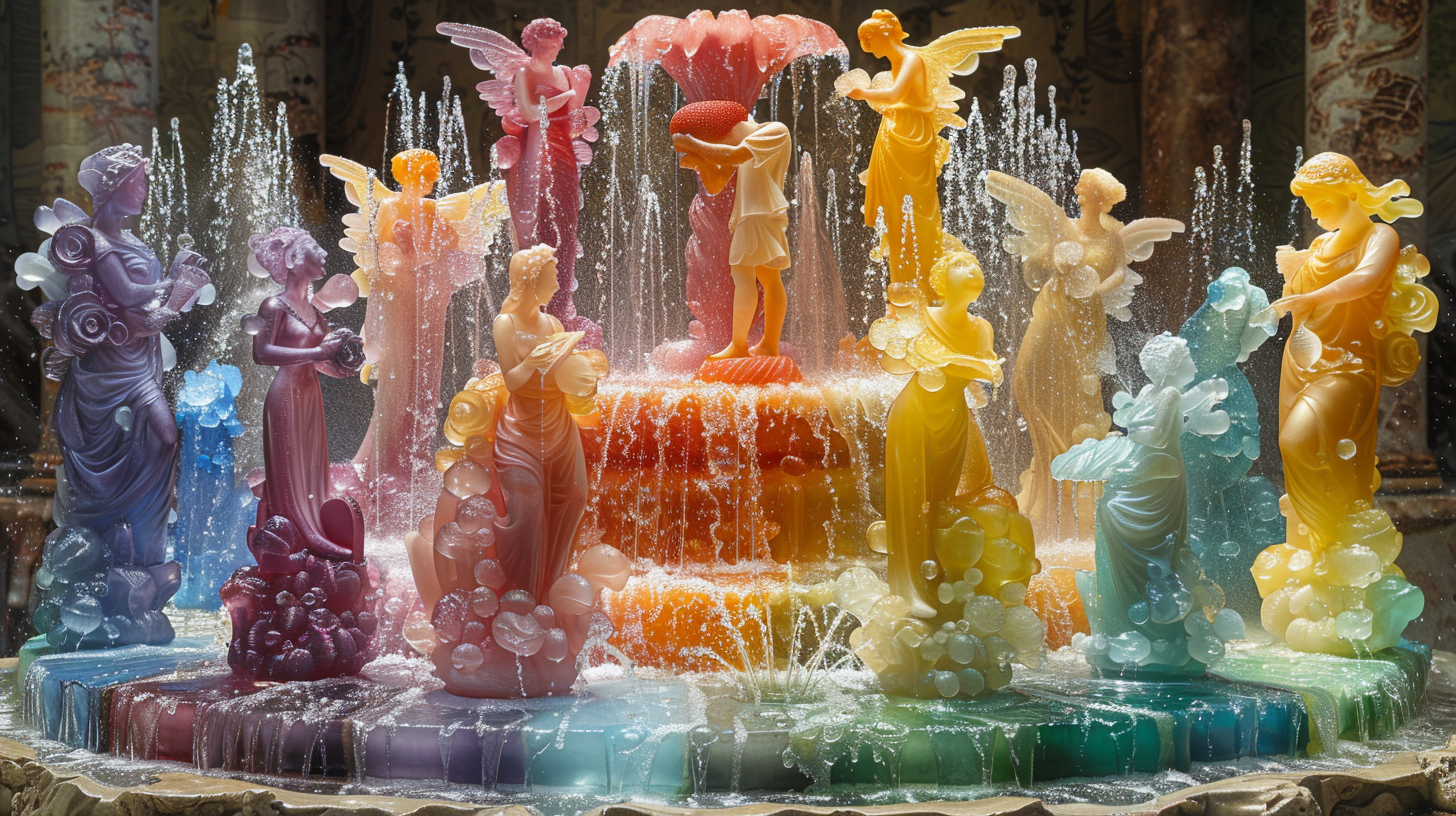 Multicolored Sorbet Fountain with Proposal Statue and Fish Sprayers