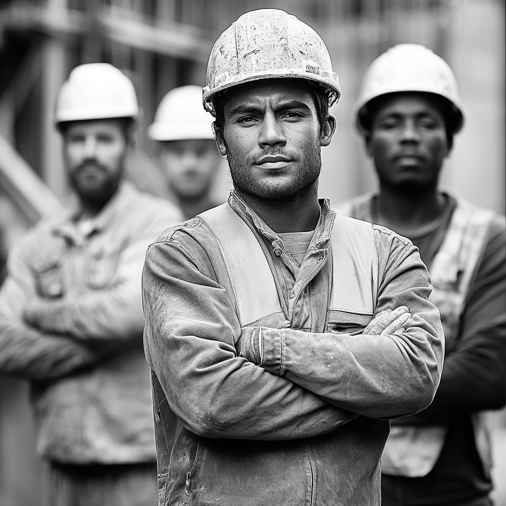 Multicultural construction team in professional attire and helmets.