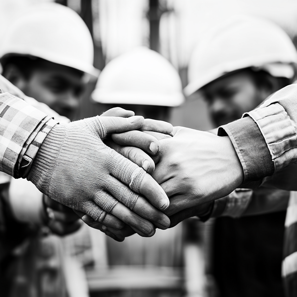 Multicultural construction team with folded hands, professional attire.