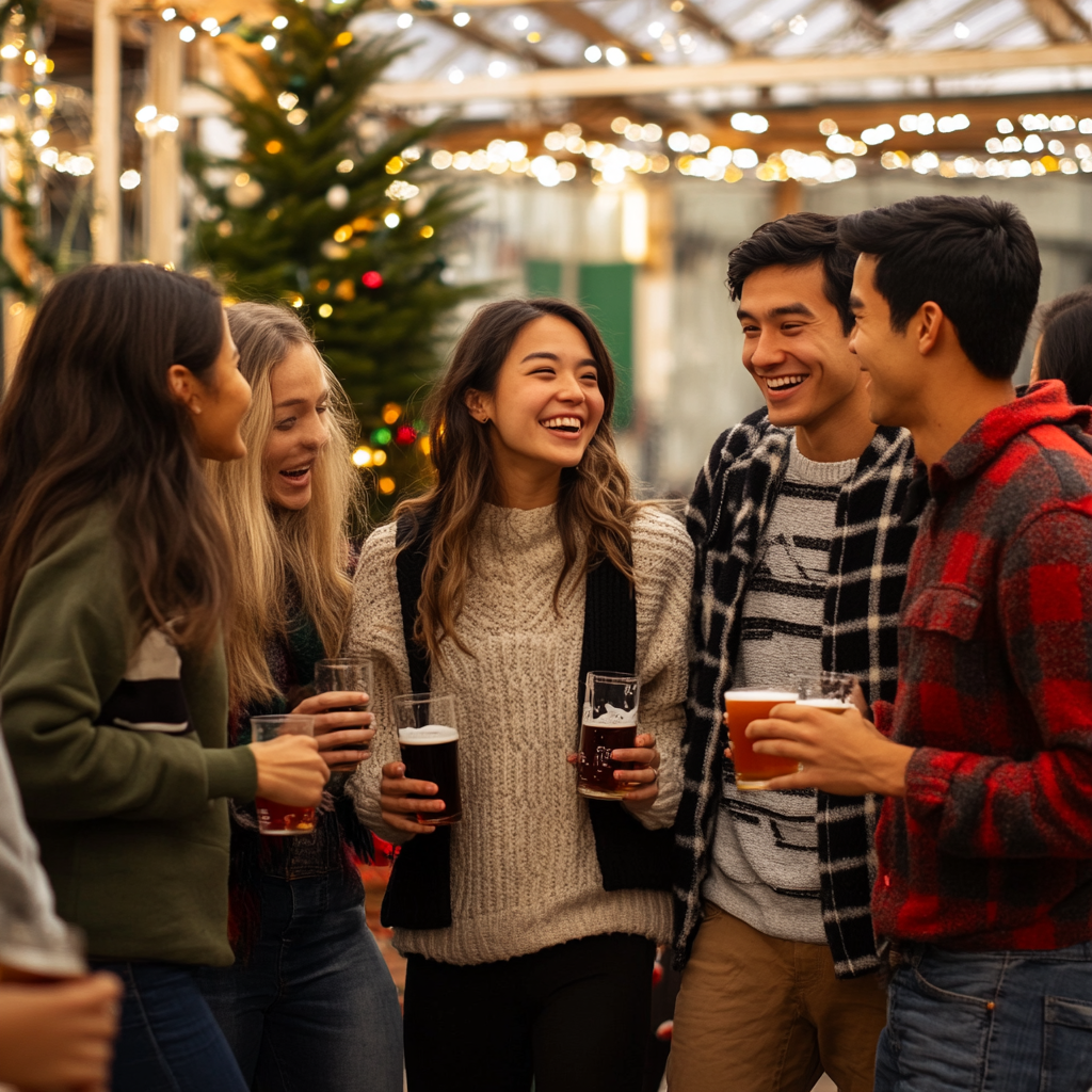 Multicultural group reunites for festive indoor holiday party.