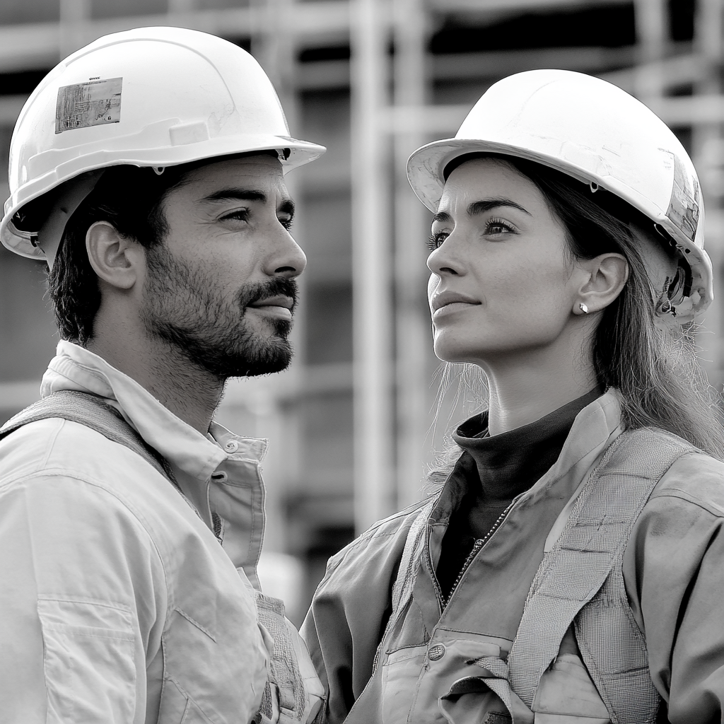 Multicultural man and woman construction workers with helmets.