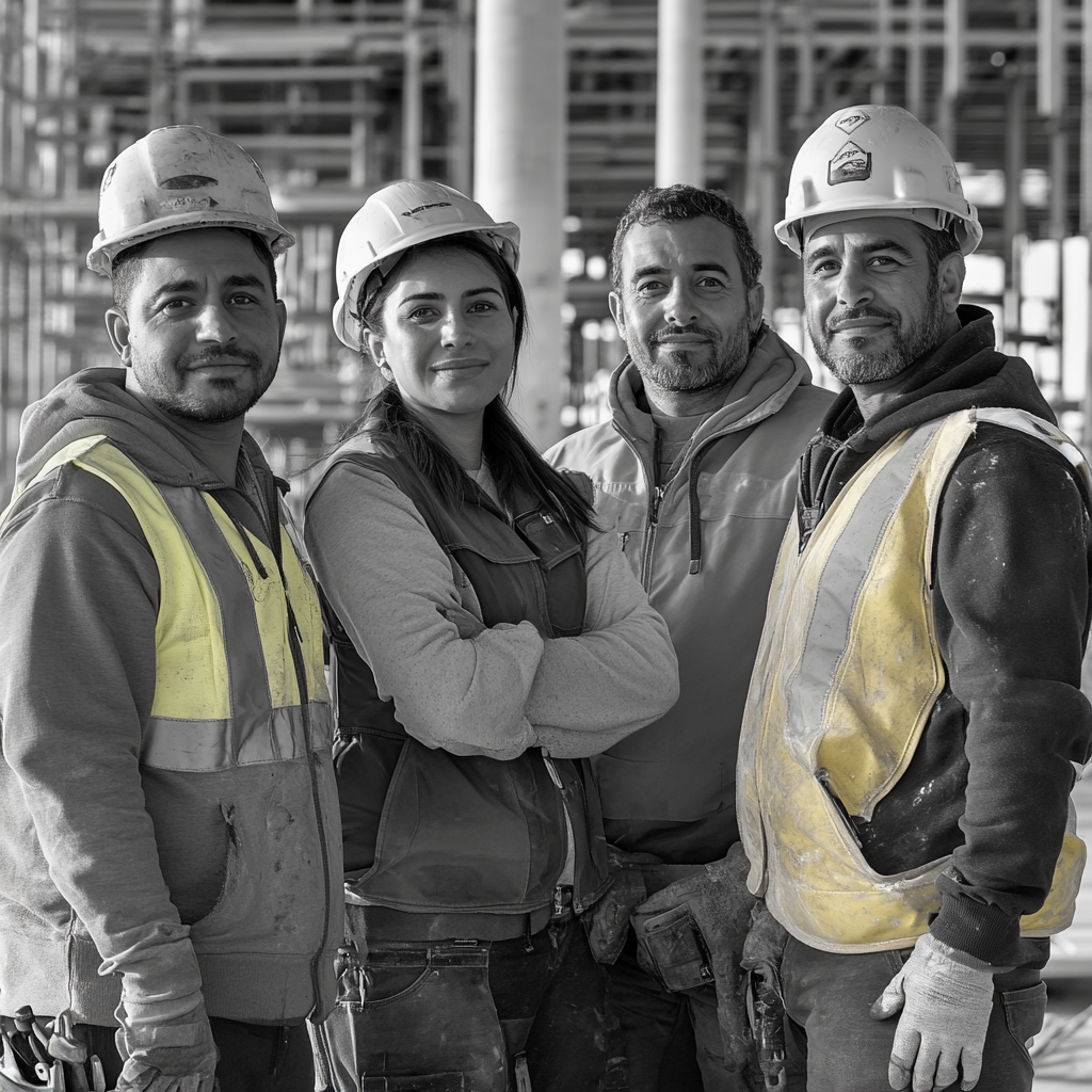 Multicultural workers on site, proud, black and white photo.