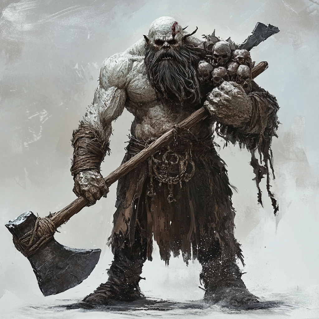 Multiheaded giant with great axe, realistic fantasy creature.