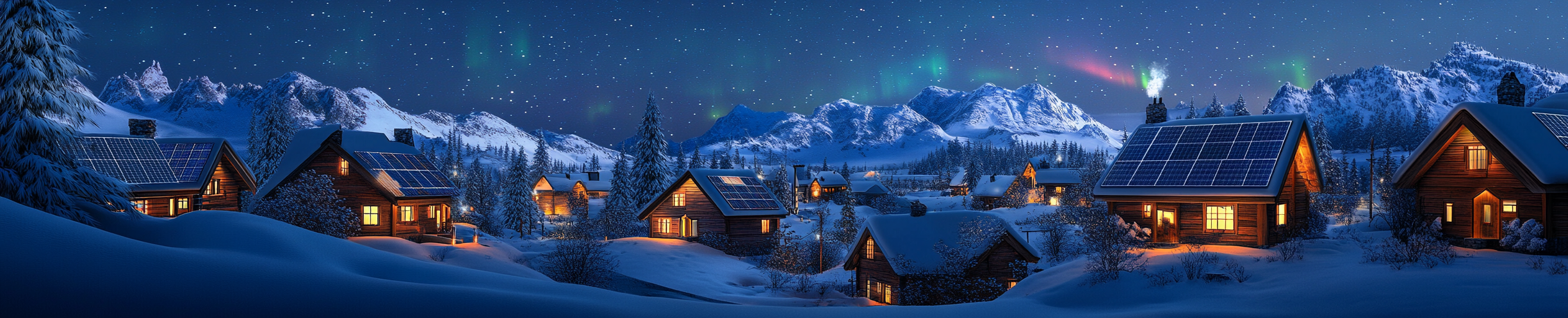 Multiple cabins with solar panels in snowy mountains.